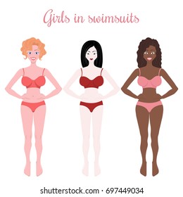 Vector illustration of the three girls of different races in swimsuits.