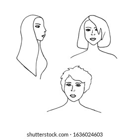 Vector illustration of three girls with hair of different lengths