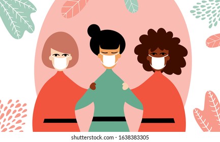 Vector illustration of three girls hugging in medical face mask, elements of abstract flowers on background - Solidarity concept - Middle east respiratory syndrome, 2019-nCoV novel coronavirus