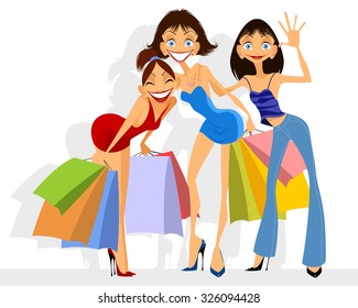 Vector illustration of a three girls shopping