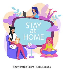 Vector illustration with three girls working on a laptop, read the book, sitting in lotus position doing yoga on a computer background. Stay at home. Corona virus concept. Epidemic disease concept