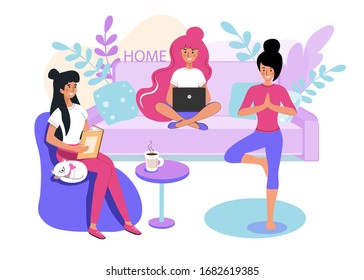 Vector illustration with three girls working on a laptop, read the book, sitting in lotus position doing yoga on a computer background. Stay at home. Coronavirus concept