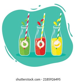 Vector illustration of three glass bottles with green red yellow fruit smoothies or juices with apple strawberry banana. Healthy diet detox vitamins vegan concept