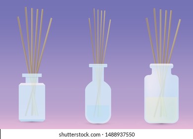 Ilustración vectorial de tres tarros de vidrio con aceite aromático y palos de incienso con un agradable aroma para aromaterapia. Degradado de color rosa en el fondo.