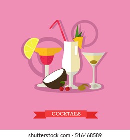 Vector illustration of three glasses alcoholic cocktails with tropical fruits. Popular alcoholic beverages, Margarita, Pina colada and Dry Martini. Flat design