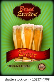 Vector illustration of three glasses of beer on a green background