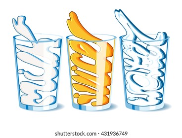 Vector illustration of three glasses with mil, orange juice and water. Stylish lettering, calligraphic stylization of liquids.