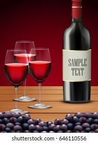Vector illustration of  Three glasses red wine with Bottle of champagne and grapes fruits