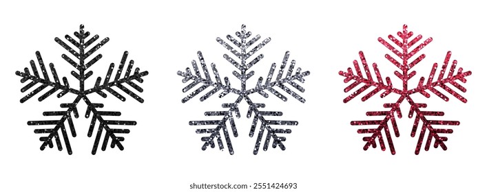 Vector illustration of three glittery snowflakes in black, silver, and wine red hues, ideal for winter themes.