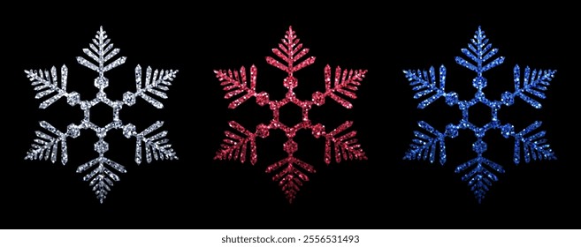 Vector illustration of three glittery snowflakes in silver, wine red, and blue on a black background, perfect for festive themes.