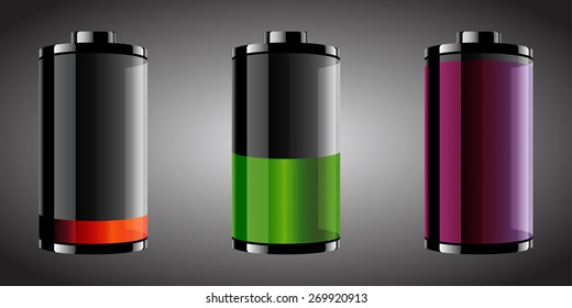 Vector illustration of three glossy style batteries with different color and set levels