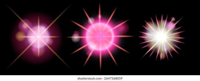 Vector illustration of three glowing lens flare effects on black. Styles are modern and digital, using bright pink, white, yellow, and soft, radiant, spiked circular shapes.