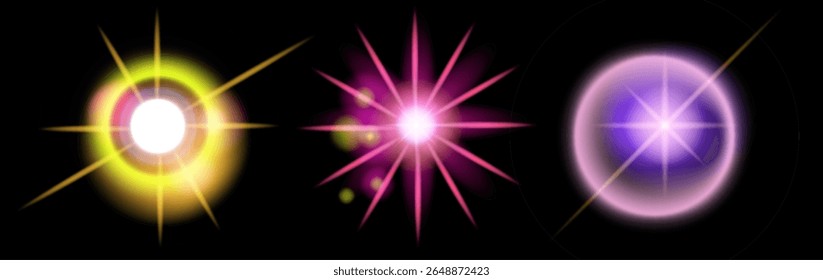 Vector illustration of three glowing lens flare effects on black. Styles are modern and digital, using bright pink, white, yellow, and soft, radiant, spiked circular shapes.