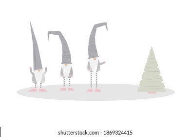 Vector illustration. Three gnomes. Green Christmas tree. Long hats.