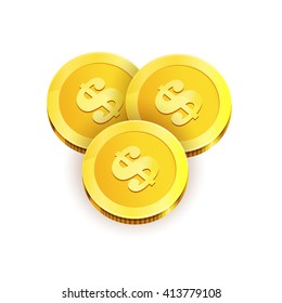 Vector Illustration of three golden coins. Isolated on white. Vector Illustration.