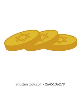 A vector illustration of three golden Hanukkah gelt coins, each imprinted with a Star of David, subtly overlapping for a dynamic composition.