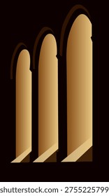 Vector illustration of three gothic style window arches of an old church on a dark background with golden light pouring out.