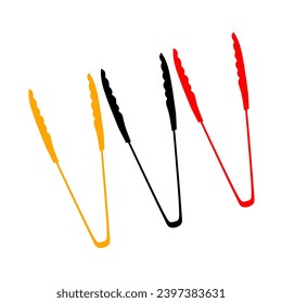 Vector illustration of three greasy food tongs in different colors on a white background. Suitable for logos on cooking utensils, kitchen utensils.