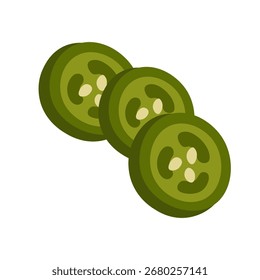 Ilustración vectorial de tres rodajas de chile verde con semillas en estilo plano de dibujos animados.
