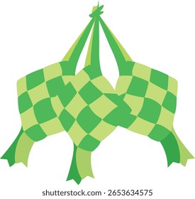 Vector illustration of three green ketupat tied together, ideal for Eid food elements, Indonesian festive graphics, or Ramadan decorations.