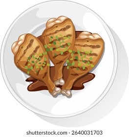 Vector illustration of three grilled chicken drumsticks garnished with herbs, presented on a white plate with shadow