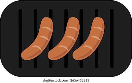 Ilustración vectorial de tres salchichas a la parrilla cocinadas en una placa. El diseño presenta líneas simples y limpias y un estilo plano, ideal para proyectos relacionados con la comida o contenido de temática culinaria.
