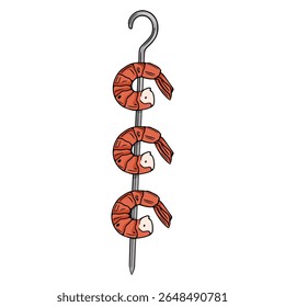 Ilustração vetorial de três camarões grelhados em um espeto, apresentado em um arranjo vertical com um estilo detalhado desenhado à mão, apresentando tons de laranja vibrante e acentos de cinza metálico.
