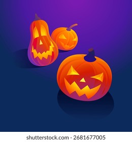 Vektorgrafik von drei Halloween-Kürbissen mit böse lächelnden Gesichtern auf dunklem violett-blauem Farbverlauf-Hintergrund.