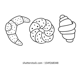 Vector illustration with three hand-drawn buns. Pastry