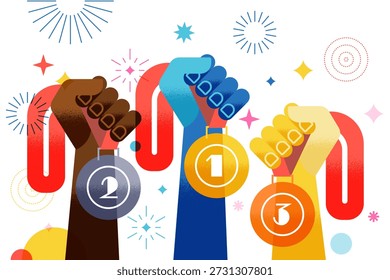 Vector illustration of three hands with gold, silver, bronze medals. Prize, reward, champion trophy, award design elements for championship winners, quality certificate, ranking, sports competitions