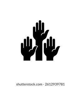 Vector illustration of three hands raised in the air. Represents concepts such as volunteering, voting, participation, support, or collaboration