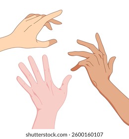 Vector illustration of three hands reaching out in different directions, symbolizing support, connection, unity, teamwork, and diversity. Ideal for social concepts, relationships, and assistance theme