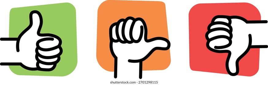 Vektorgrafik von drei Händen mit positiver, neutraler und negativer Rückmeldung. Ideal für Schnittstellendesign, Reviews, Benutzerbewertungen oder Evaluierungssysteme.