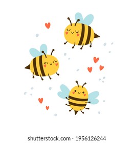 vector illustration, three happy bee are flying, cute clipart for kids