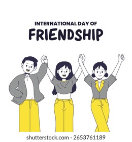 Ilustración vectorial de tres amigos felices tomados de la mano en la celebración del Día Internacional de la Amistad