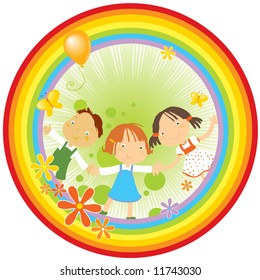 vector illustration of three happy kids holding their hands, flowers and butterflies in a rainbow circle.