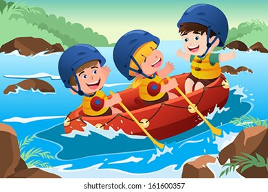 A vector illustration of three happy kids on boat