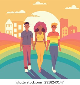 Vector illustration of three happy people woman and men walking around the city in trendy flat style for print, emblem, logo. people of different race. Concept of lesbian or bisexual couple or ma