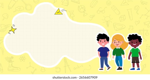 Ilustración vectorial de tres niños escolares felices parados junto a un Grande espacio vacío en forma de nube para texto. Fondo amarillo con garabatos de temática escolar. Perfecto para Anuncios o carteles.