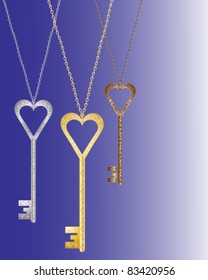 vector illustration of three heart shaped keys made from gold silver and bronze in eps 10 format