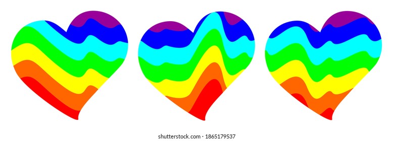 Vector illustration of three hearts. Abstract image depicting mountains or sea waves in colors of rainbow. Multicolored background