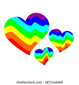 Vector illustration of three hearts. Abstract image depicting mountains or sea waves in colors of rainbow. Multicolored background