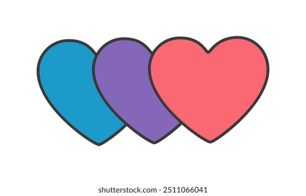 Una Ilustración vectorial de tres corazones en diferentes colores azul púrpura y rojo sobre un fondo blanco El estilo de diseño plano le da un aspecto moderno y limpio