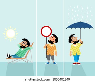 Vector illustration of three hipsters in different situations