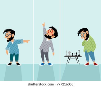 Vector illustration of three hipsters in different situations