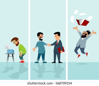 Vector illustration of three hipsters in various situations