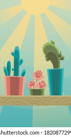 Vector illustration of three home plants in pots on the wooden shelf in front of the window with sun rays view: two cactuses and a succulent Echeveria. Can be bright and cozy phone background.
