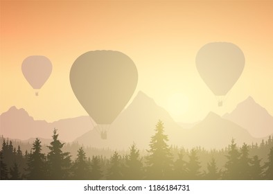 Vector illustration of three hot air balloons in forest and mountain peaks, under an orange sky with rising sun and sunshine