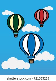 Vector illustration of three hot air balloons float on blue sky and white cloud background. Flat design. Concept for travel agency, motivation, adventure, discovery, journey, adventure.