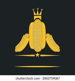 Ilustración vectorial de tres logotipos de perros calientes, fondo amarillo, dorado y negro